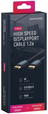 Kábel DisplayPort M/M 2m, 4K@60Hz, DP v1.2, 21.6Gbit/s, modrý, pozl. konektor, ClickTronic
