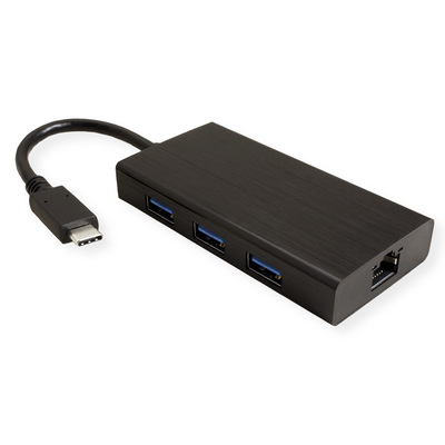 Adaptér USB 3.1 Typ C na RJ45 (Gigabit Ethernet), Hub 3x USB 3.0 A, 10cm, čierny