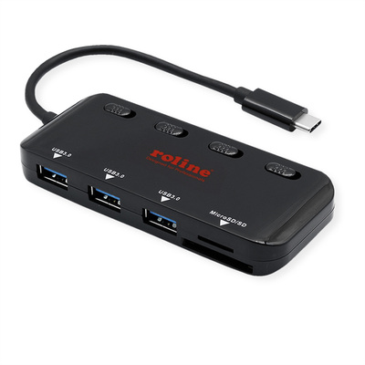 Hub USB 3.2 Gen 1, 4 Port, 3x USB A, čítačka, s vypínačmi, čierny