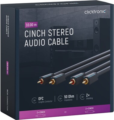 Kábel Cinch 2x audio M/M 10m, modrý, pozl. konektor, ClickTronic