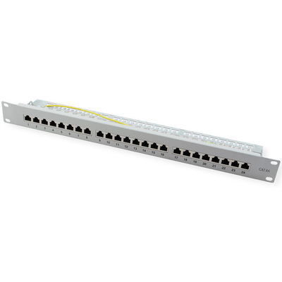 19" Patch panel 24port cat.6a, tienený s uzemnením, celokovový, 1U, sivý