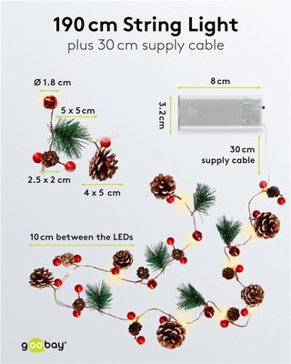 Led svetelná reťaz s 20x "Pine & Red Berries" napájanými z 2xAA batériami IP20, 2.2m, červená/biela
