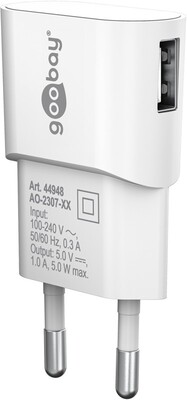 Nabíjačka USB 230V 1port, 1xUSB A, 1A, 5W, biela