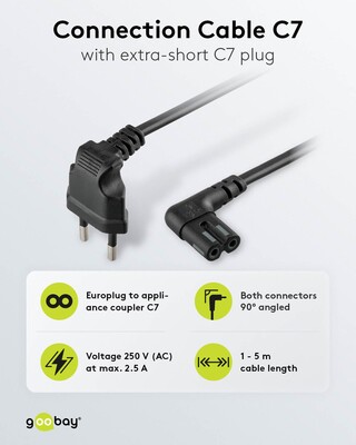 Kábel sieťový 230V, 2pin vidlica (CEE7/16) lomená - C7 (2pin) zahnutý, 3m, 0.75mm², 2.5A, čier.SONOS
