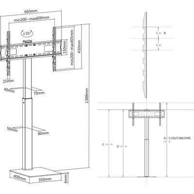 Držiak/Stojan pre TV 37-70", výška 139cm, max 40kg, VESA do 600x400, čierny