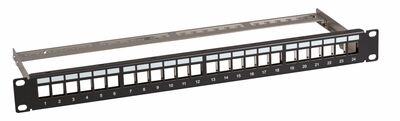 19" Patch panel 24port Keystone cat.6a (v balení 24ks), tienený s uzemnením, celokovový, 1U, čierny