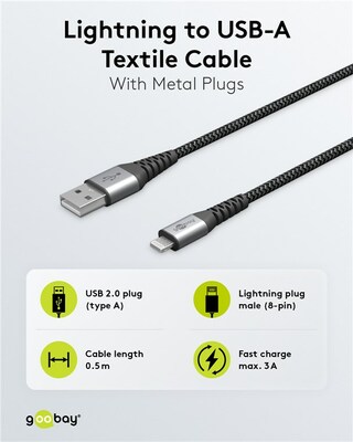 Kábel USB "Lightning" pre Apple, 1m, High Speed, čierny/sivý