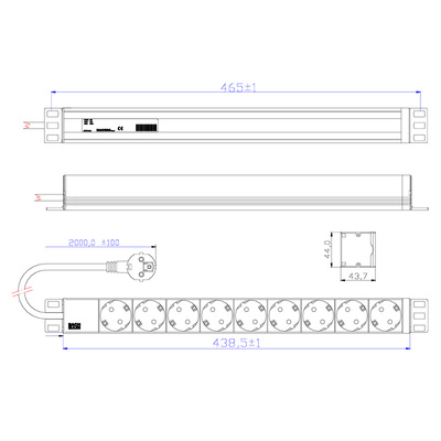 19" zásuv. lišta 9xSCHUKO, vidlica (CEE7/7), 16A, 3600W, 2m, sivá