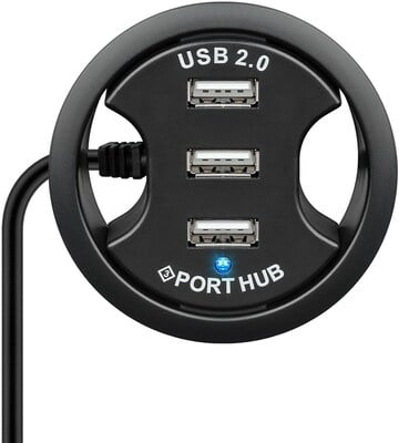 Hub USB 2.0, 3 Port, 3x USB A, do stola, Ø 60mm, 1.5m, čierny