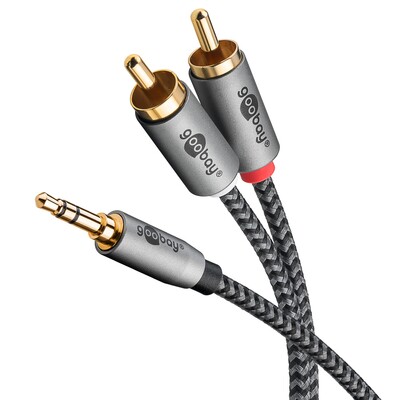 Kábel 3.5mm stereo/2xCinch M/M 2m, čierny/sivý, pozl. konektor