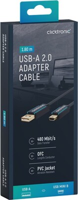 Kábel USB 2.0 A-MINI-B 5pin M/M 1.8m, High Speed, modrý, ClickTronic, pozl. konektor