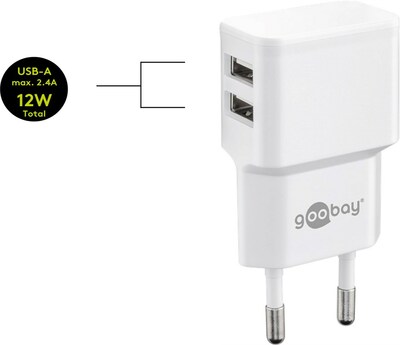 Nabíjačka USB 230V 2port, 2xUSB A, 2.4A, 12W, kábel USB AM/Micro-B 1m v balení, biela