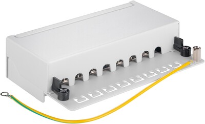 Patch panel 8port cat.5e, tienený s uzemnením, celokovový, montáž na stenu, 1U, sivý §§