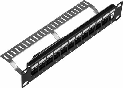 10" Patch panel 12port, Keystone, netienený, celokovový, 1U, čierny, neosadený 