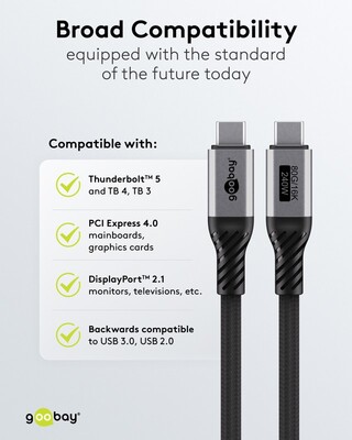 Kábel USB 4 Gen 3x2, Typ C CM/CM 1.5m, 80Gbps, PD 240w 48V5A, oplet, čierny