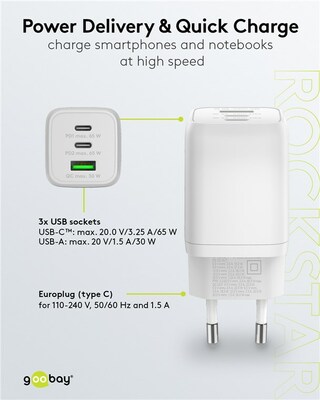 Nabíjačka USB 230V 3port, 1xUSB A, 2xUSB Typ C, 65W, Power Delivery, GaN, biela