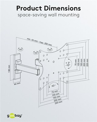 Držiak pre monitor / TV na stenu, max 15kg, rameno 282mm, VESA 75/100/200, čierny