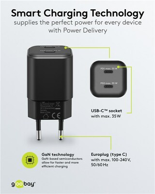 Nabíjačka USB 230V 2port, 2xUSB Typ C, 35W, Power Delivery, GaN, čierna