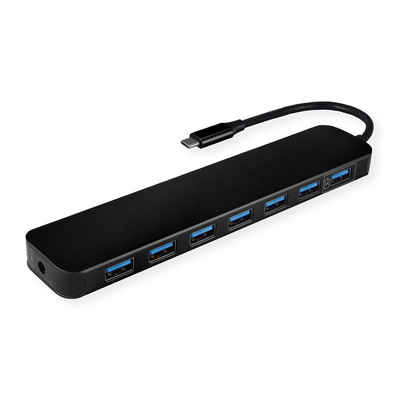 Hub USB 3.2 Gen.2 Typ C, 7 Port, 7xUSB A, 10cm, čierny, s ext. adaptérom