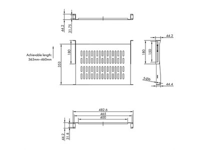 19" Polica 350mm, max.25 kg, 1U, zadné podpery, sada skrutiek a podložiek v balení, čierna