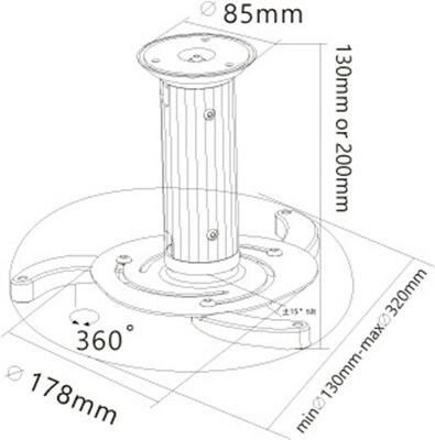 Držiak pre projektor, stropný, max 10kg, dĺžka 130-200mm, max rozteč 320mm, sivý