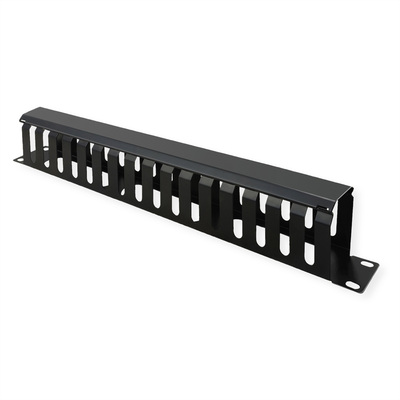 19" Panel vyväzovací, organizér, lišta s krytkou, 80mm, oceľ, 1U, čierny