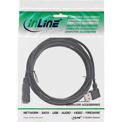 Kábel USB 2.0 A-A M/F 2m, High Speed, predlžovací, čierny, zahnutý 90°