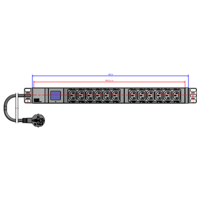 19" zásuv. lišta 8xC13, vidlica (CEE7/7), 16A, 3600W, 2m, s meraním výkonu, čierna