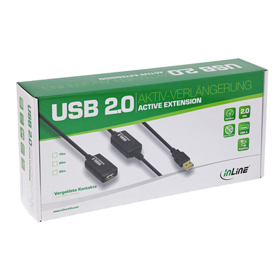 Kábel USB 2.0 A-A M/F 25m, High Speed, predlžovací, čierny, aktívny, pozl. konektor