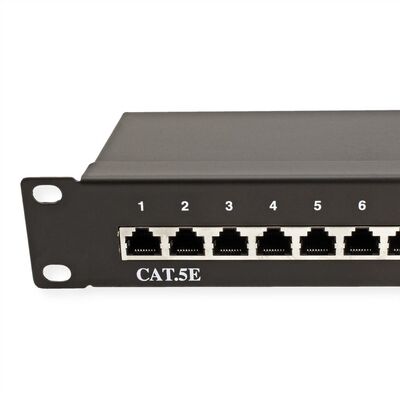 19" Patch panel 24port cat.5e, tienený s uzemnením, celokovový, 1U, čierny