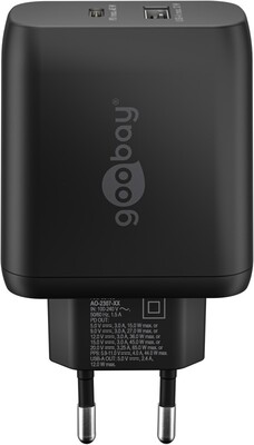 Nabíjačka USB 230V 2port, 1xUSB A 2.0, 1xUSB C (Power Delivery), 65W, GaN, čierna