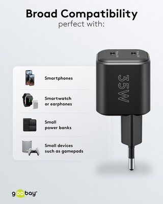Nabíjačka USB 230V 2port, 2xUSB Typ C, 35W, Power Delivery, GaN, čierna