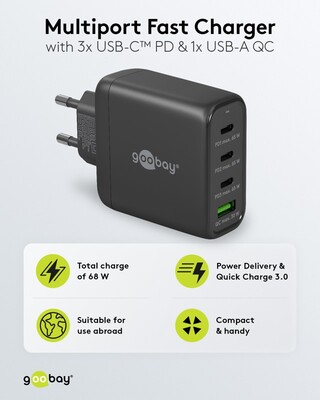 Nabíjačka USB 230V 4port, 1xUSB A, 3xUSB Typ C, 68W, Power Delivery, GaN, čierna