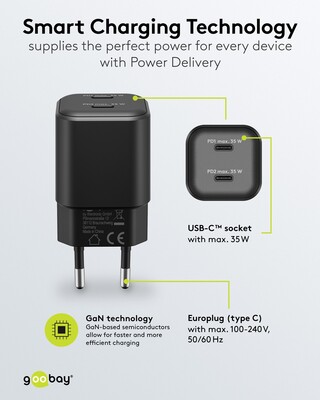 Nabíjačka USB 230V 2port, 2xUSB Typ C, 35W, Power Delivery, GaN, čierna