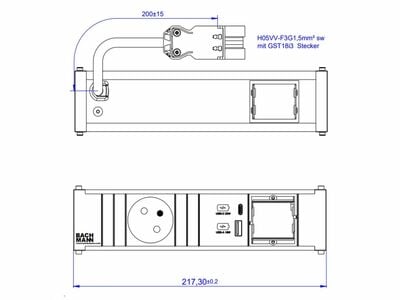 CONI 1xUTE 230V, 1xCustom, nabíjačka (USB A + USB C), 0.2m kábel 1.5mm², GST18, hliník/čierny