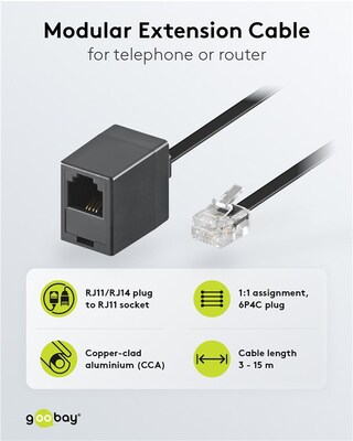 Kábel telefónny RJ11/RJ11, 15m, M/F predlžovací, čierny