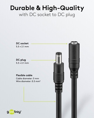 Kábel predlžovací DC 5.5mm / 2.1mm, AWG20, 10m, čierny