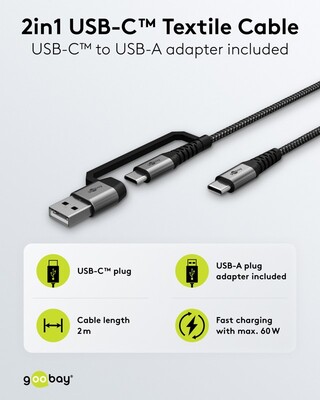 Kábel USB 2.0 Typ C CM/CM + Redukcia na USB A, 2m, High Speed, PD 60w 20V3A, čierny
