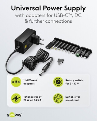 Adaptér NTS 2250mA Univerzálny 3-12V, 27W, 1.8m kábel, konektory: DC, USB(mini, micro, A, C), čierny