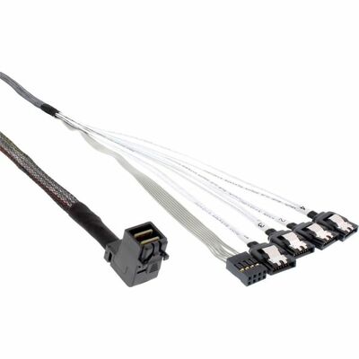 Kábel Mini SAS HD zahnutý, 4x SATA + sideband konektor, 0.5m