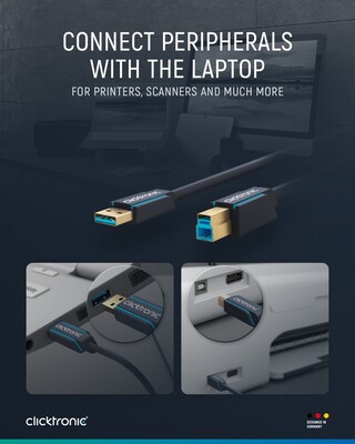Kábel USB 3.2 Gen 1, A-B M/M 3m, 5Gbps, modrý, ClickTronic, pozl. konektor