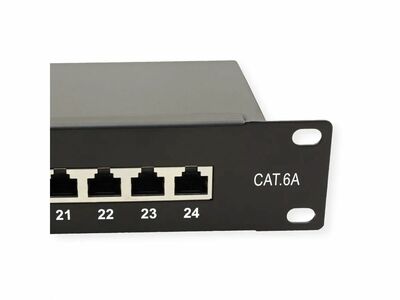 19" Patch panel 24port cat.6a, tienený s uzemnením, celokovový, 1U, čierny