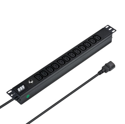 19" zásuv. lišta 12xC13, konektor C14, 10A, 2300W, vypínač, 1.8m, čierna