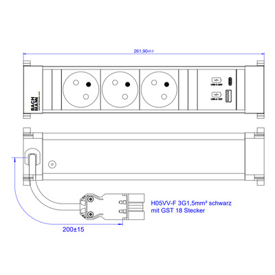 Power Frame 3xUTE 230V, nabíjačka (USB A + USB C), 0.2m kábel 1.5mm², GST18, hliník/čierny