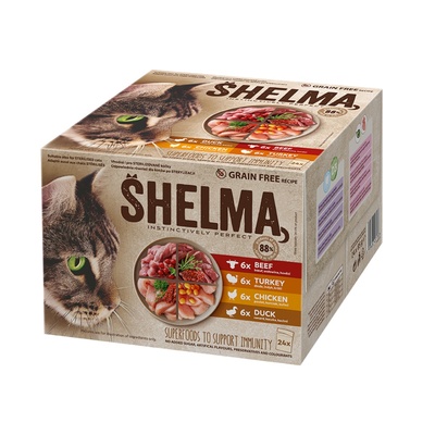 Kapsička pre mačky SHELMA Cat Mulltipack, hovädzie, kuracie, morčacie, kačacie, 24x85g
