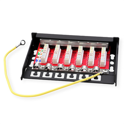 Patch panel 8port cat.6a, tienený s uzemnením, celokovový, montáž na stenu, 0.5U, čierny