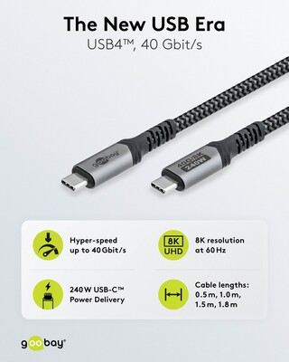 Kábel USB 4 Gen 3x2, Typ C CM/CM 0.5m, 40Gbps, PD 240w 48V5A, oplet, čiernosivý