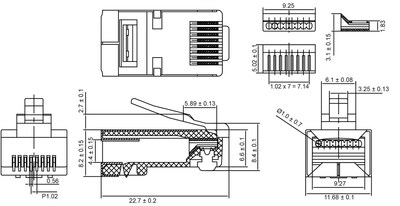 Konektor 8/8 RJ45, cat.5e, FTP+krytka, sivý