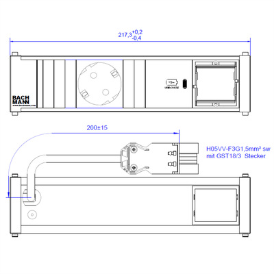 CONI modul, 1xSCHUKO zásuvka 230V, 1xUSB C 30W, 1xCustom, 0.2m kábel 1.5mm², GST18, hliník/čierny