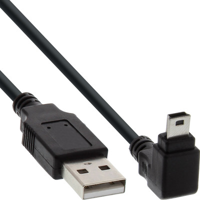 Kábel USB 2.0 A-MINI-B 5pin M/M 1m, High Speed, čierny, zahnutý dole 90°